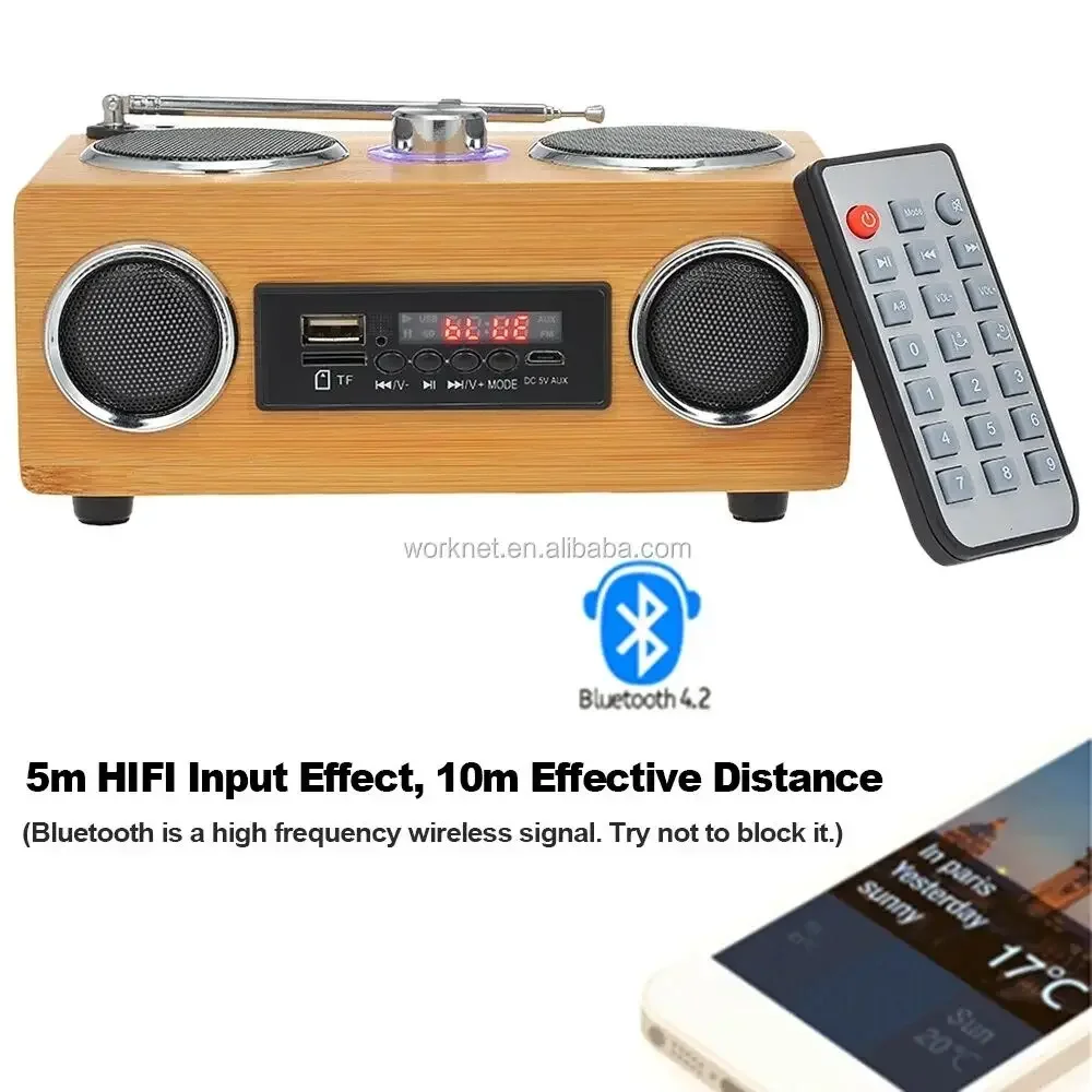 مكرر أب ريترو متعدد الوظائف ، مكبرات صوت بلوتوث ، لاسلكي ، محمول ، خيزران ، راديو FM خشبي ، صندوق ازدهار ، TF ، بطاقة USB ، مشغل موسيقى Mp3