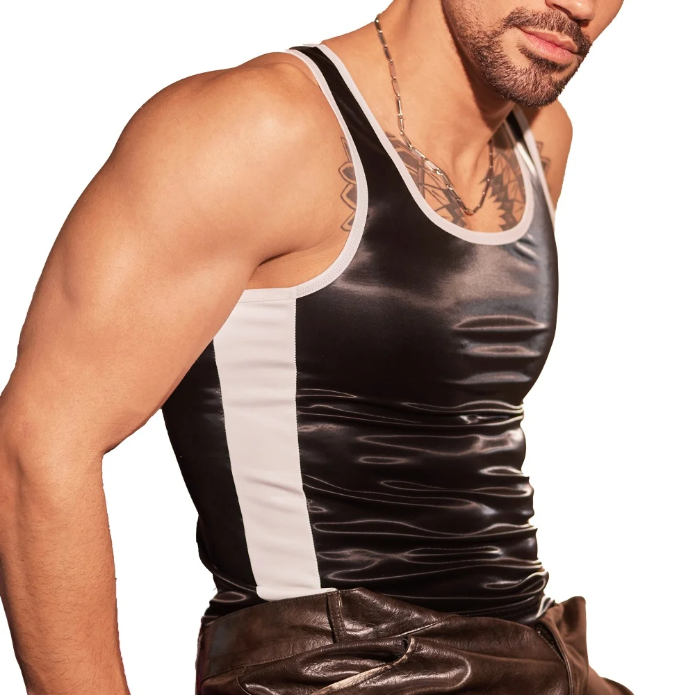Smooth Elastic Slim Fit Sleeveless PU Leather Men's Vest T-shirt Sexy Nightclub Clothing Vest Club Party Muscle Vest Fitness Top