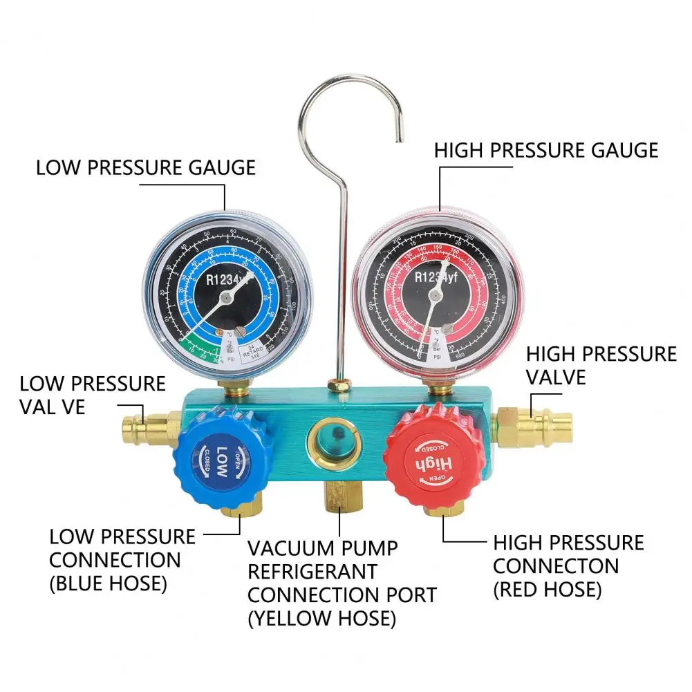 R1234YF Dual Gauges Refrigerant Meter with 3 Color Hoses 2 Couplers Air Conditioning Aluminum Manifold Gauge Set