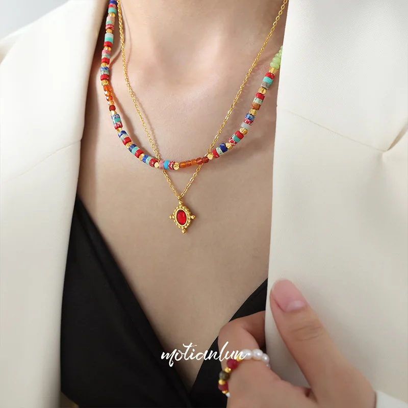 TOFFLO Stainless Steel Jewelry Abacus Beads Colored Natural Stone Handmade Beaded Necklace BSP1748
