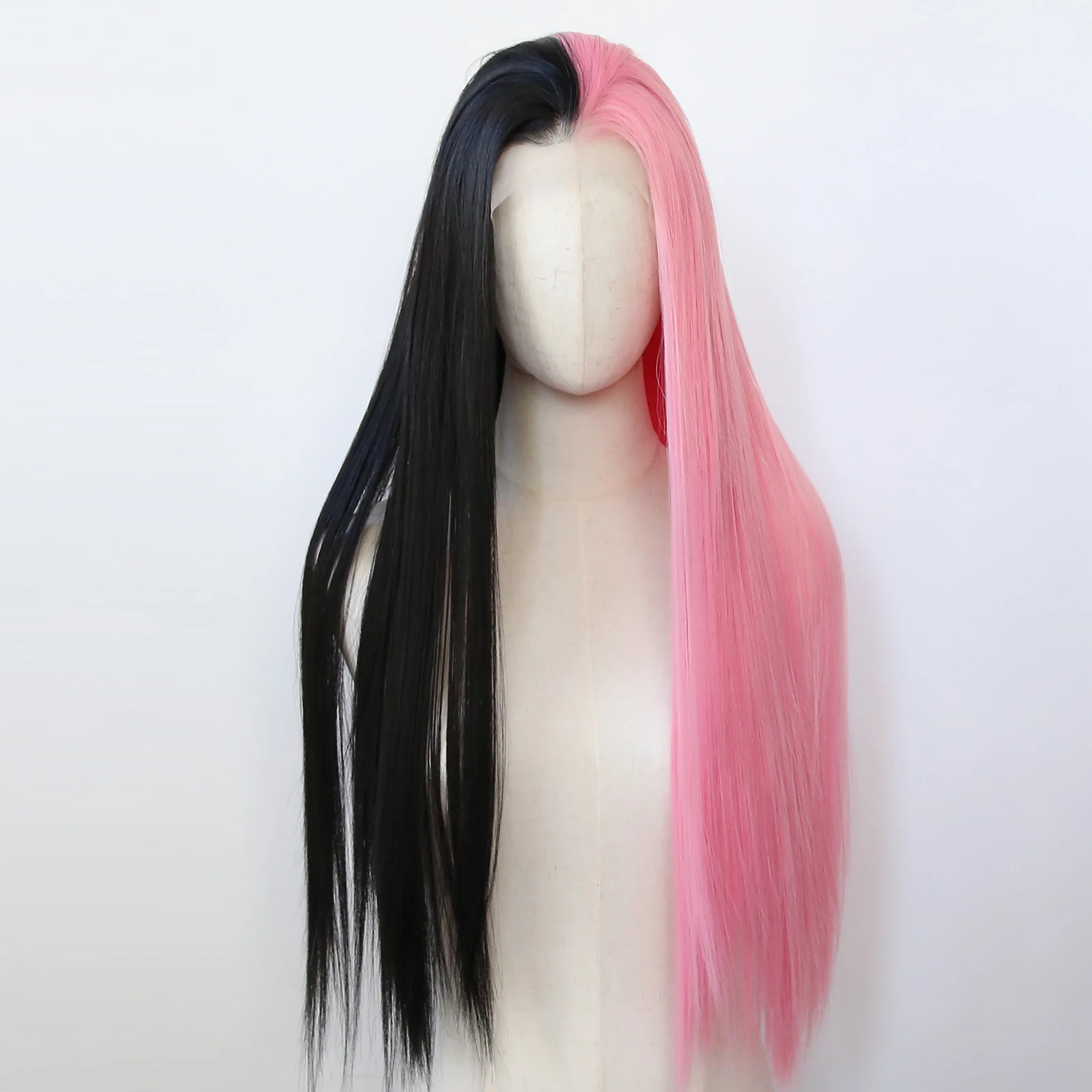 

Half Black and Half Pink Synthetic Lace Front Wig Long Straight Synthetic Wig Pre Plucked Heat Resistant Hair Wig