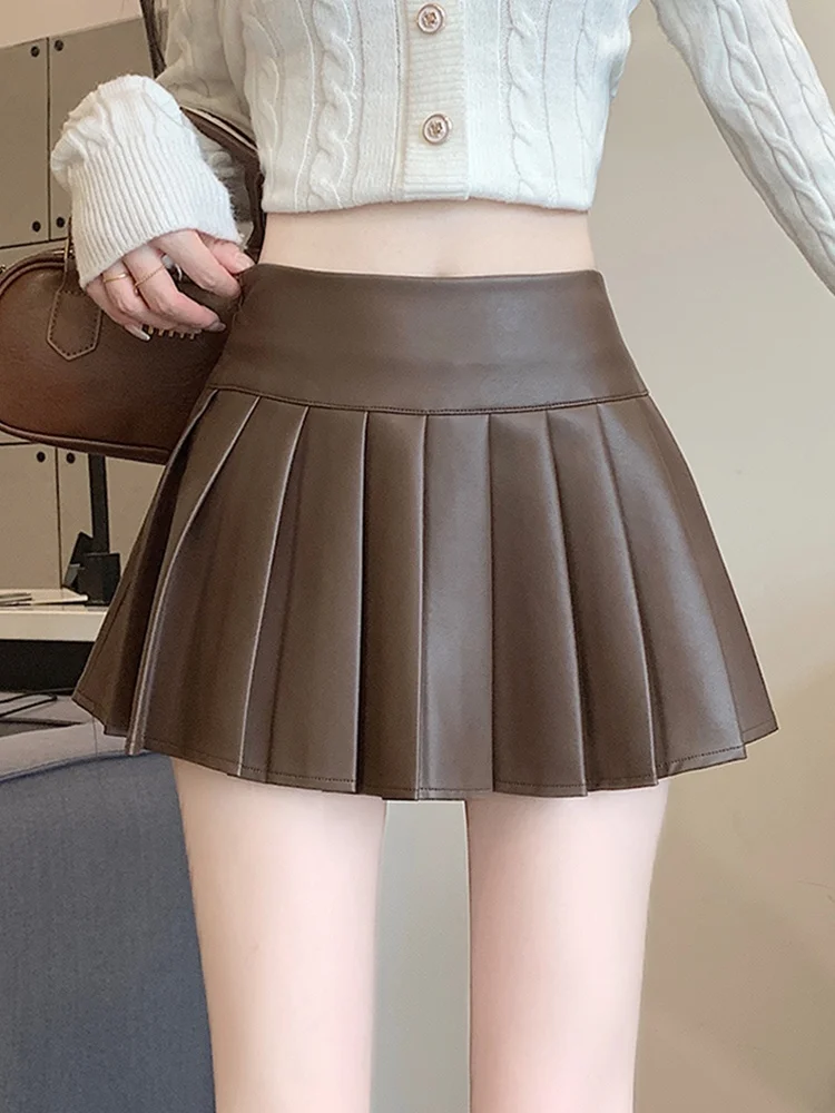 

Юбка А-силуэта из искусственной кожи с высокой талией, женская зимняя модная юбка-парасолька, плиссированная юбка для офиса и повседневной носки