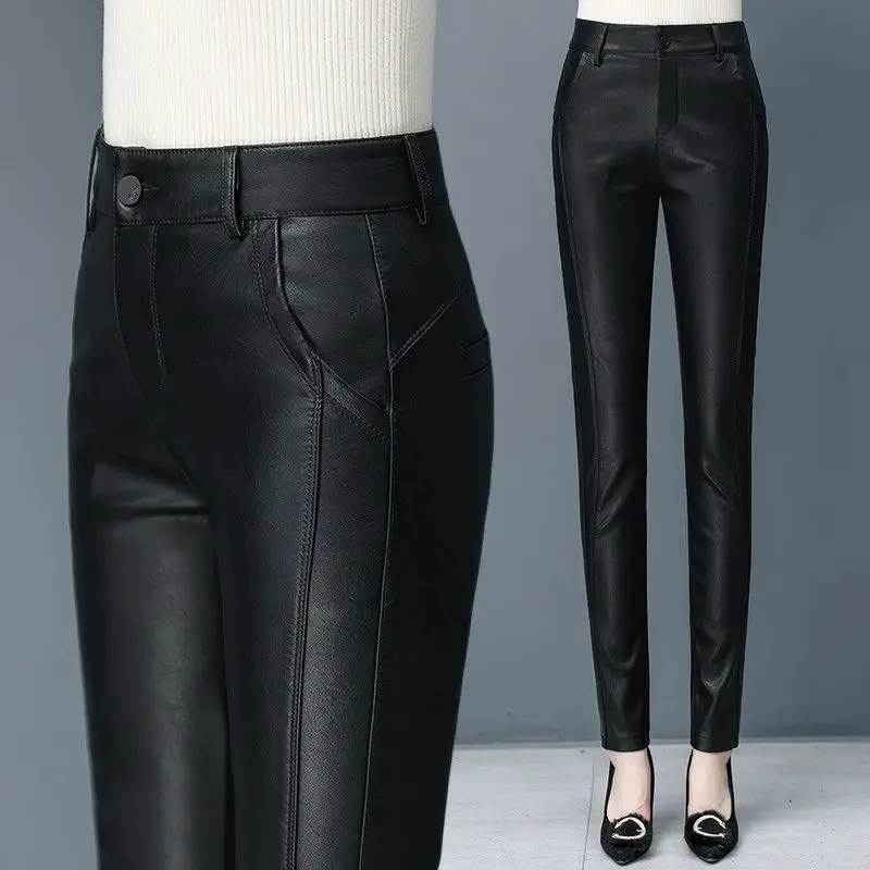 New Skinny Women Pants High Waist Faux Leather Spring Summer   Work Full Length Pencil   Trousers T742