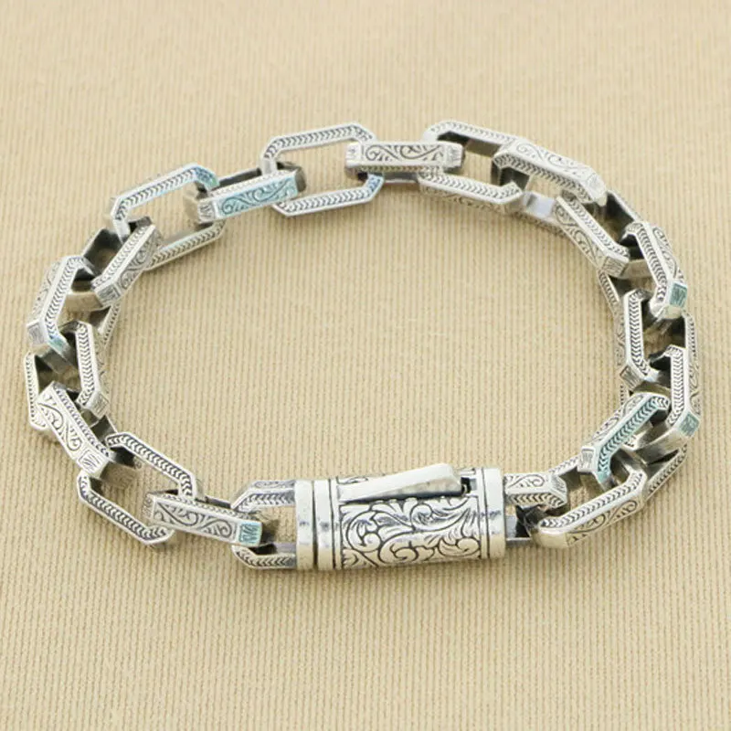 Chinese style simple and rugged pure silver auspicious cloud bracelet retro trendy personality jewelry Tang grass pattern bracel