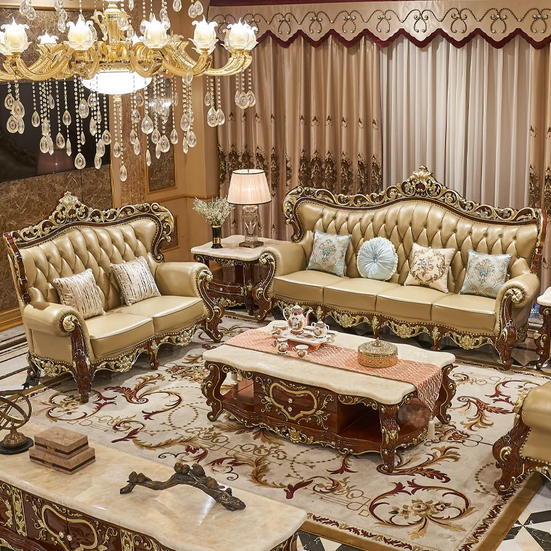 European-style villa full solid wood leather 124 sofa living room luxury carved French 123 modular sofa