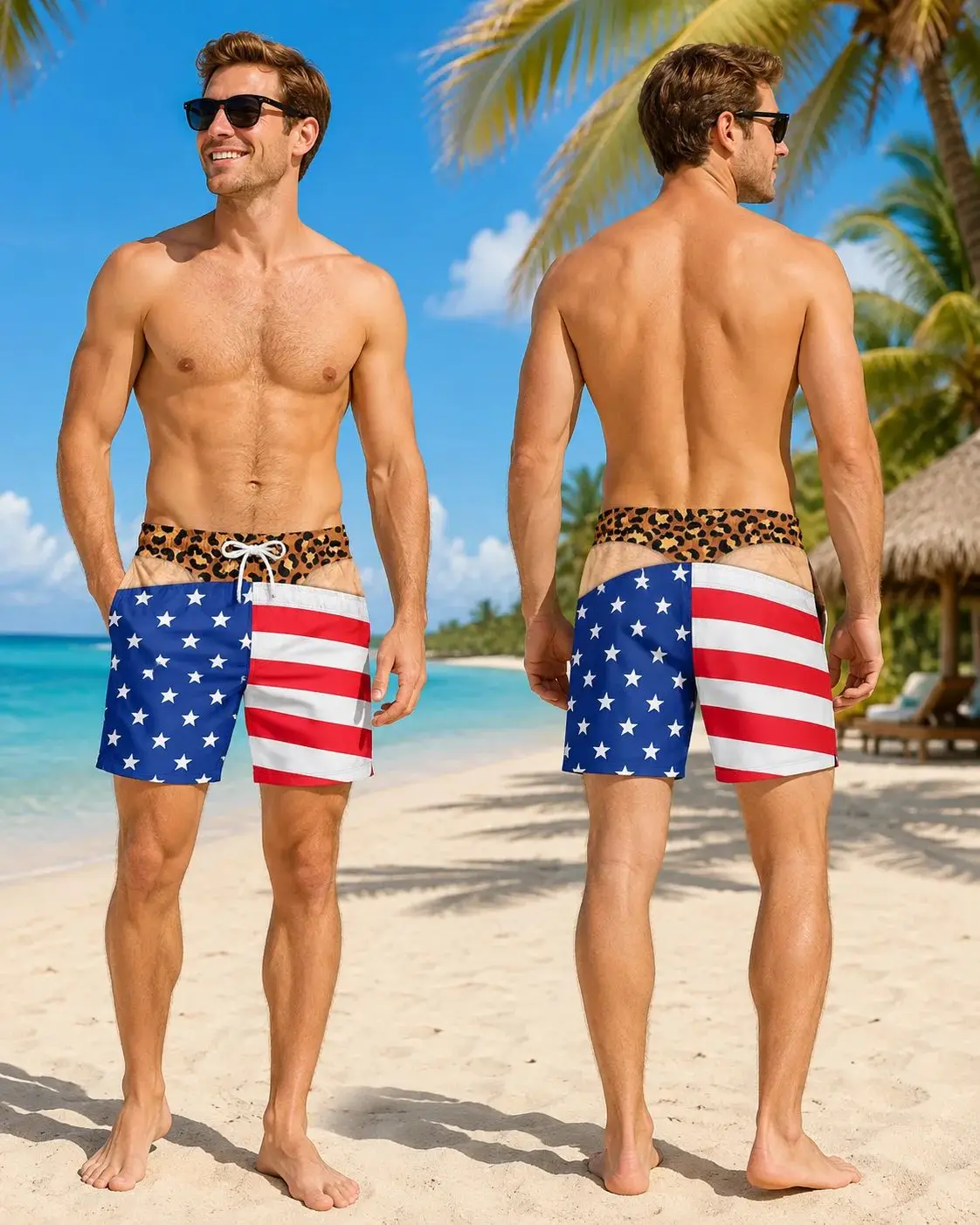 Funny Man Swimsuit with American Flag Pattern, Leopard Print Thong, American Star and Stripe Fun and Unique Beach Shorts