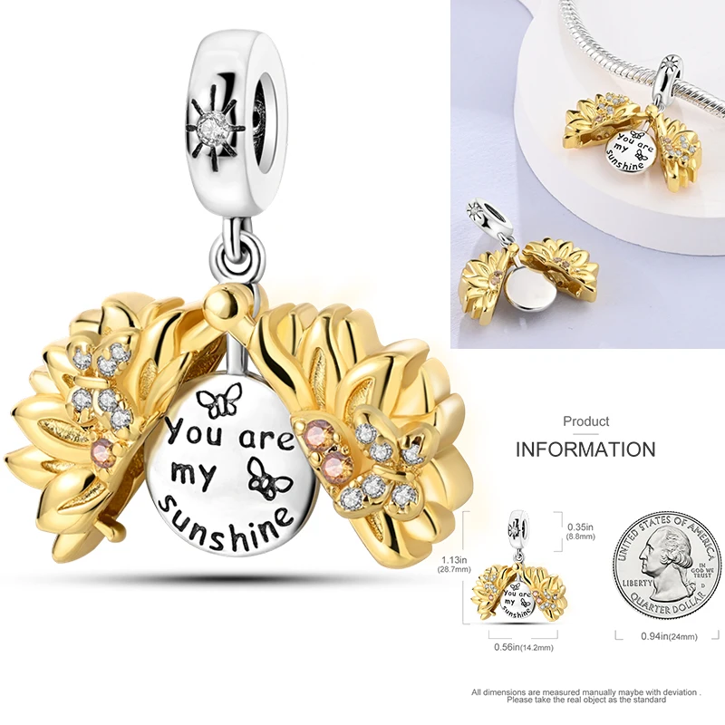 Katzen- und Sonnenblumen-Charm aus 925 Sterling Silber, gelbe Blume, Sonnenblume, Hausperlen, passend für Original-Armreifen, Damen-DIY-Schmuck – Detail 15