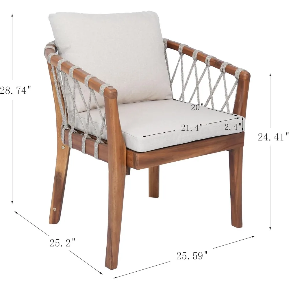 Set of 2 Modern Patio Armchairs with Water-Resistant Cushion and Woven Rope Accents in Teak and Beige Multi-Brown