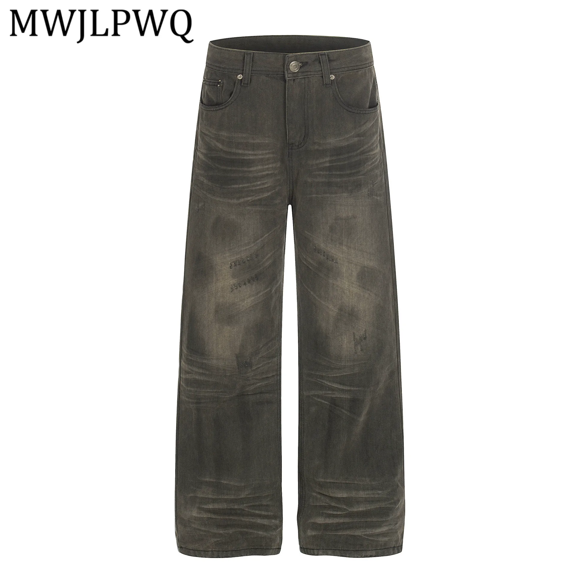 

MWJLPWQ American Fashion Design Washed Denim Pants For Men High Street Personality Loose Straight Jeans 2026 Spring New 13592