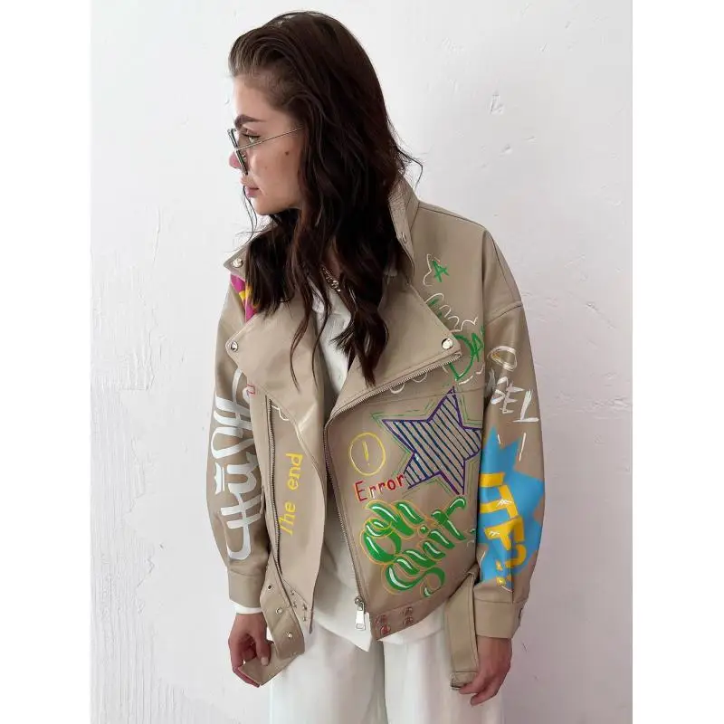 GetSpring Women Leather Coat 2024 Autumn Fashion Graffiti Printed Belt Zipper Long Sleeve PU Jacket All Match Female Leather Top