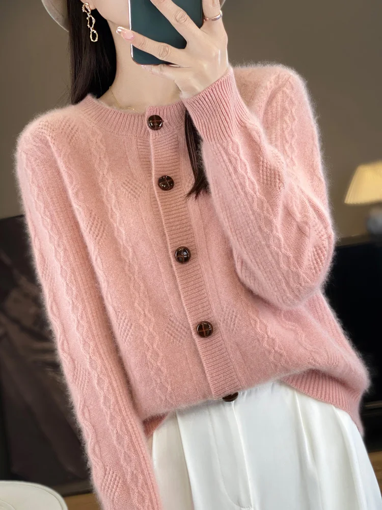 

100% Merino Wool Cardigan O-Neck Long Sleeve High Quality Wool Knitwear Spring Autumn Winter Women Sweater Twist Flower Tops