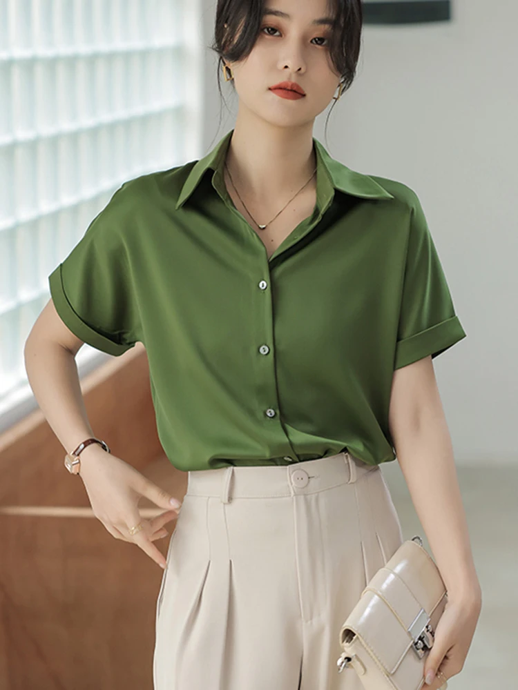 Summer Satin Silky Green Shirts Women Short Sleeve Blouse Shirts Elegant Tops Blusas Femme Office Lady Blouses for Women