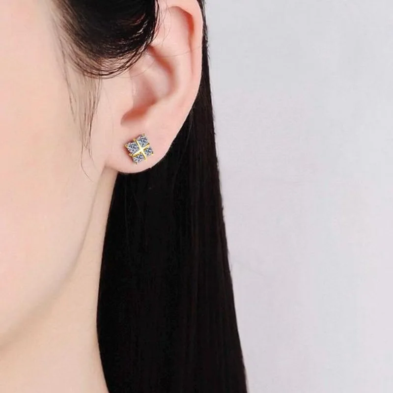 Lnkry Ohrstecker mit vierblättriger Blume aus 14 Karat Gold, funkelnder 3 mm Moissanit-Ohrring für Damen, koreanischer INS-Schmuck im schlichten Stil – Detail 8