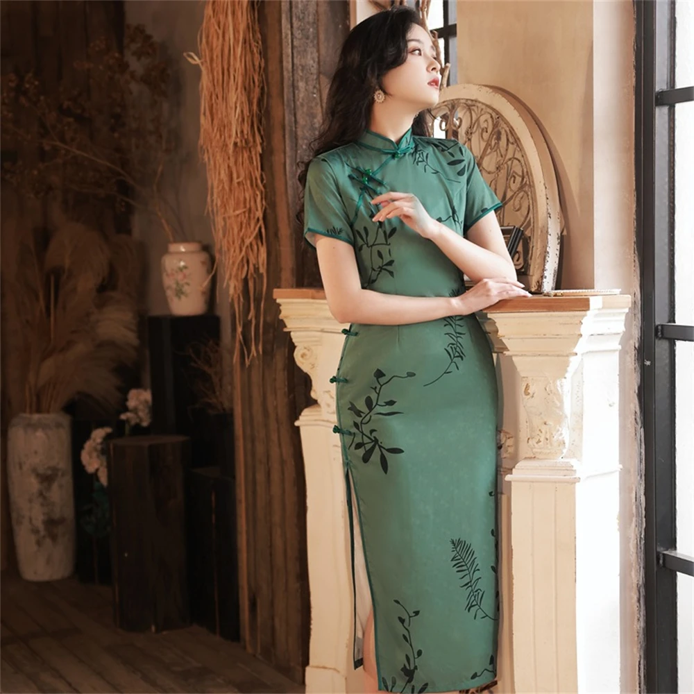 

Long Chiffon Cheongsam Vintage Old Shanghai Green Printed Dress Summer Daily Elegant Chinese Traditional Banquet Qipao Chinoise