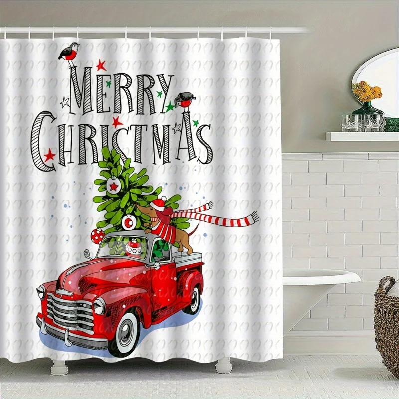 Christmas Cheer Shower Curtain - Waterproof, Machine Washable with Oversized Car & Christmas Tree Design - Perfect Bathroom Deco