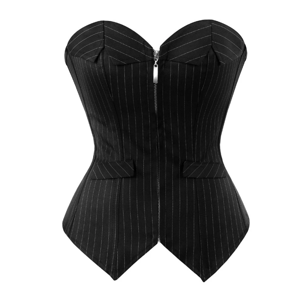 Sexy Black Striped Overbust Corset Office Lady Corselet Sexy Women Zip Corset Bustier Strapless Tops Costume Fashion