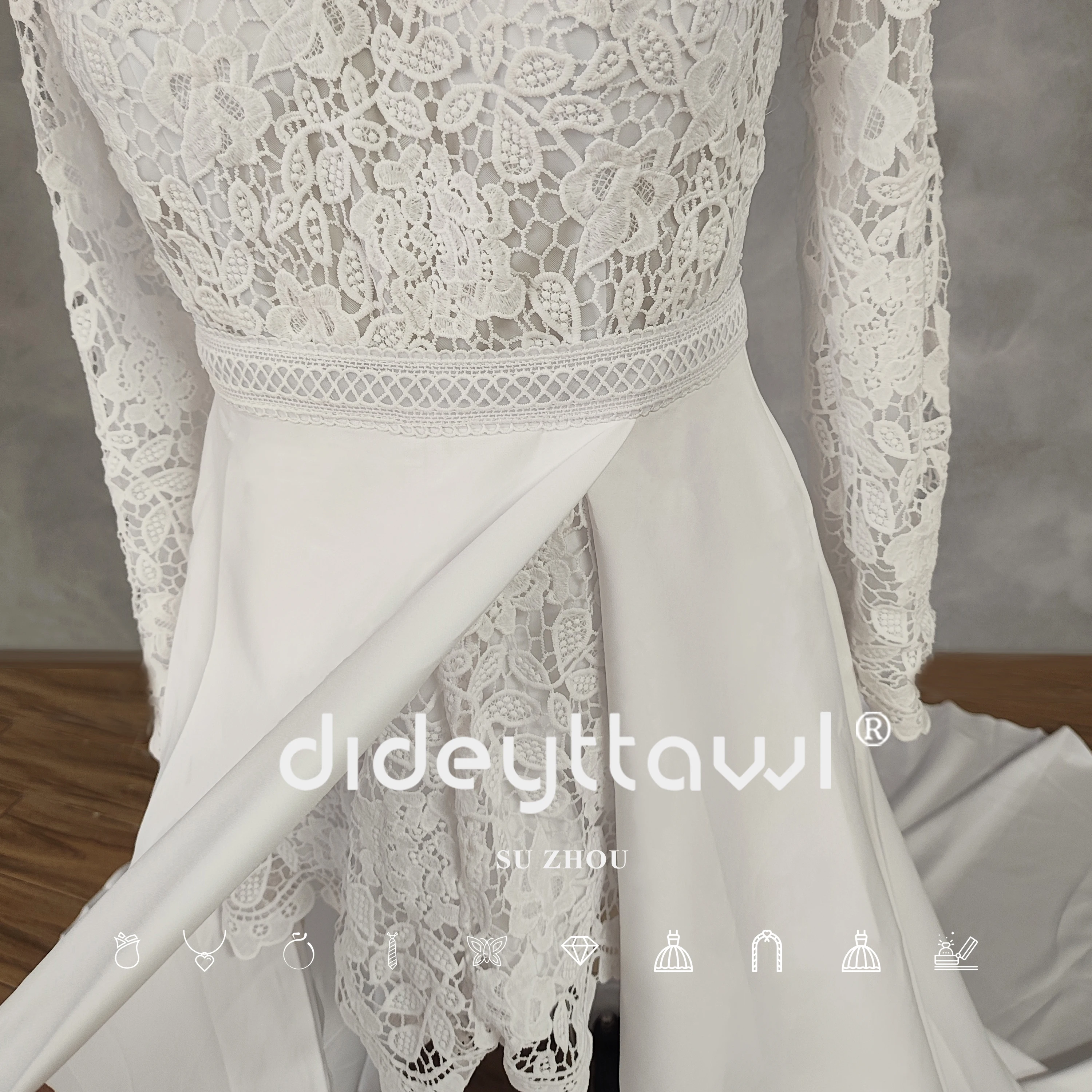 Dideyttawl echtes Bild Boho O-Ausschnitt lange Ärmel Spitze Top Brautkleid elegante offene Rücken Satin hohe Seite Schlitz Brautkleid