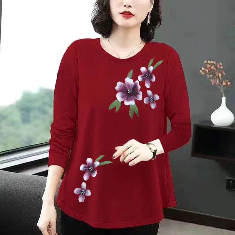 Fashion Women Clothing Casual Oversized T-shirt Spring Autumn Thin Long Sleeve New Tees Versatile Floral Basic Pulover Midi Tops
