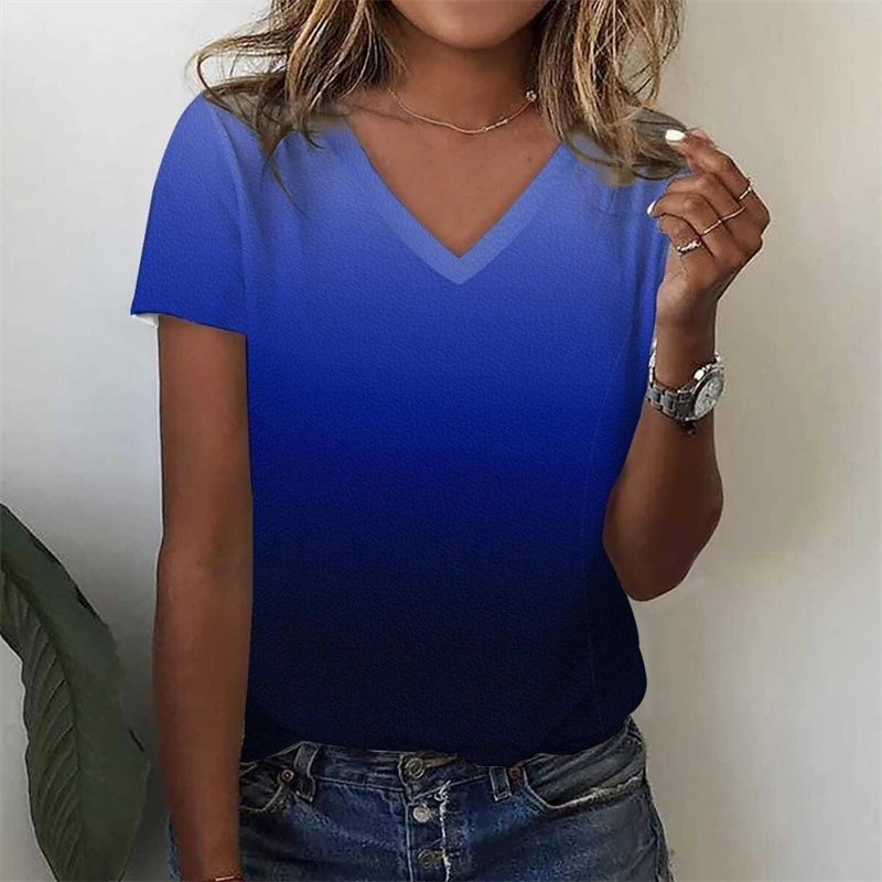 3d Printed Women's T-shirt Simple Gradient Color V-neck Tops Summer Retro Harajuku Ladies T-shirt Loose Clothing Polyester Tops