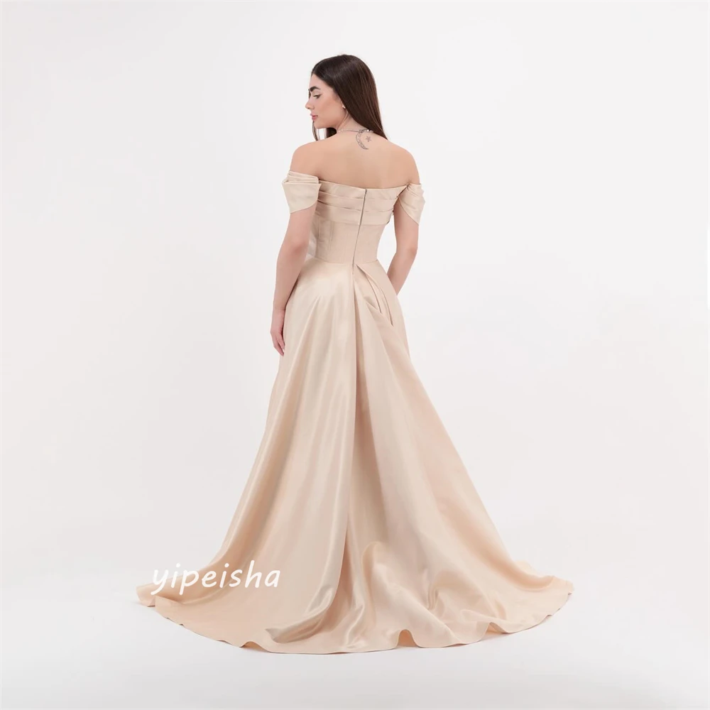 Gaun Prom Arab Saudi Satin terbungkus Pleat pesta pernikahan A-line Off-the-shoulder Bespoke gaun acara gaun panjang