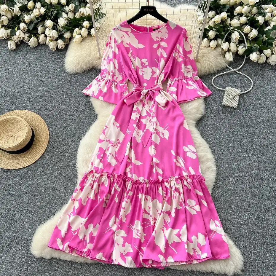 Boho donna slim chic estate stampa floreale fasciatura abito lungo casual festa volant vestido de festa elegante abito con maniche svasate