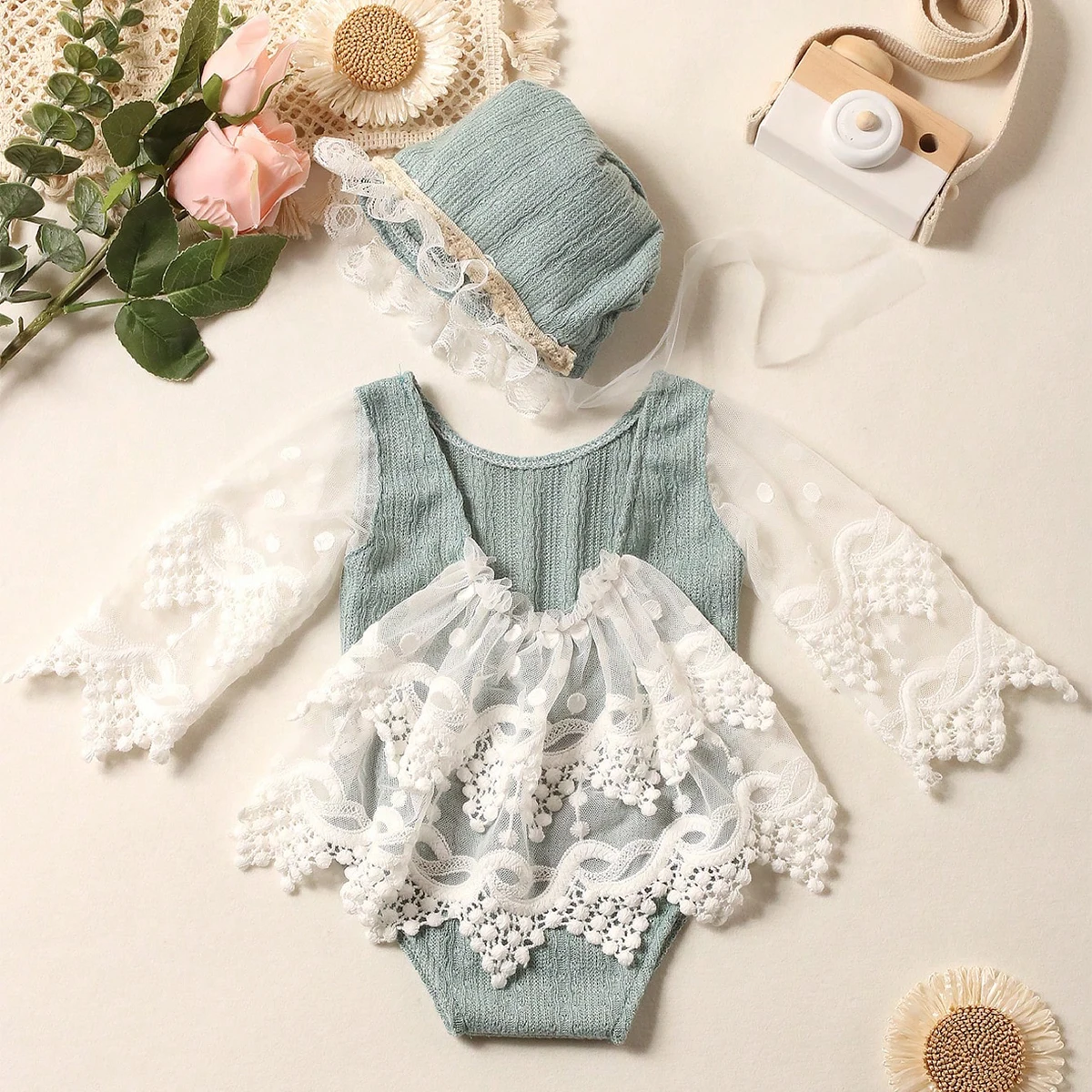 Ylsteed 2 Pieces Set Newborn Lace Romper for Photoshoot Baby Photography Outfit Infant Picture Props