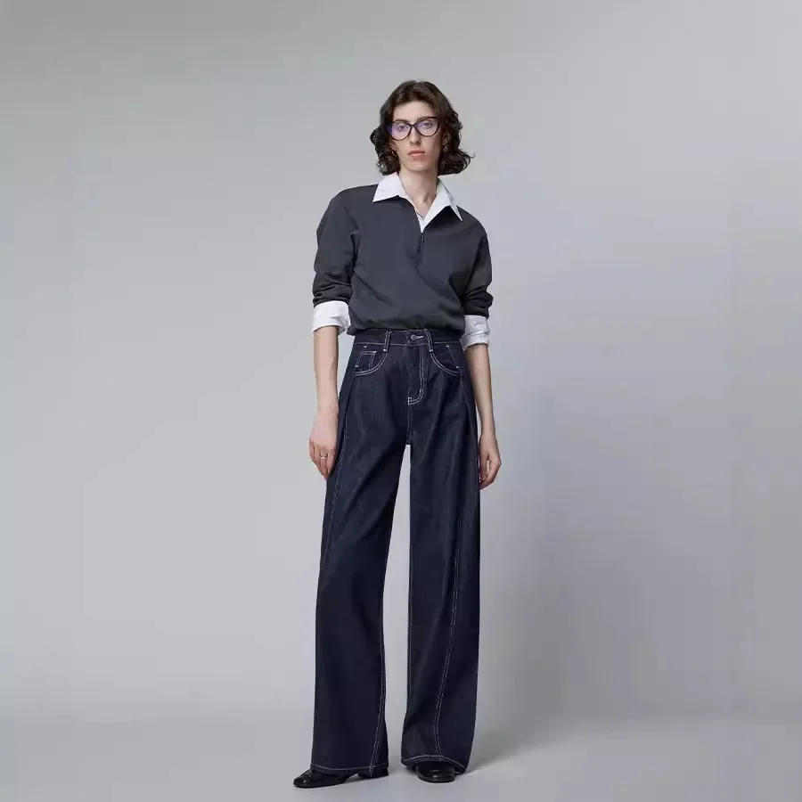 

Wide Leg Pants Jeans Women Streetwear High Waist Pockets Washed Distressed Vintage Denim Straight Trousers Floor Length 2025