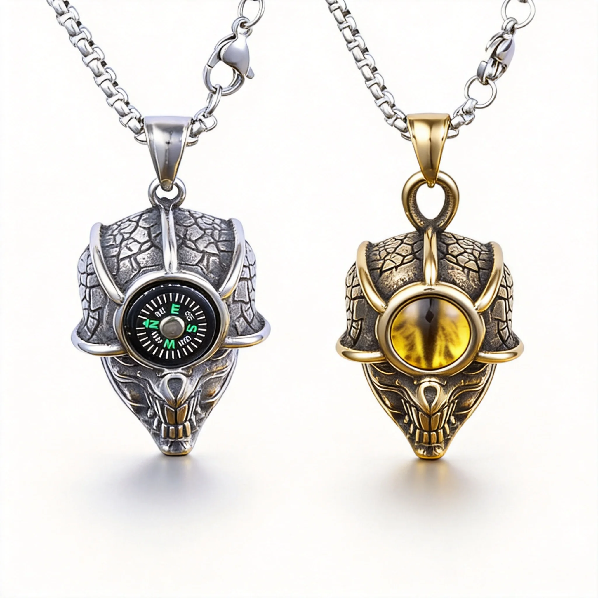 Snop Stainless Steel Lucky Evil Eye Pendant Vintage Compass Dragon Skull Amulet Necklace For Men Hip Hop Gothic Jewelry Birthday