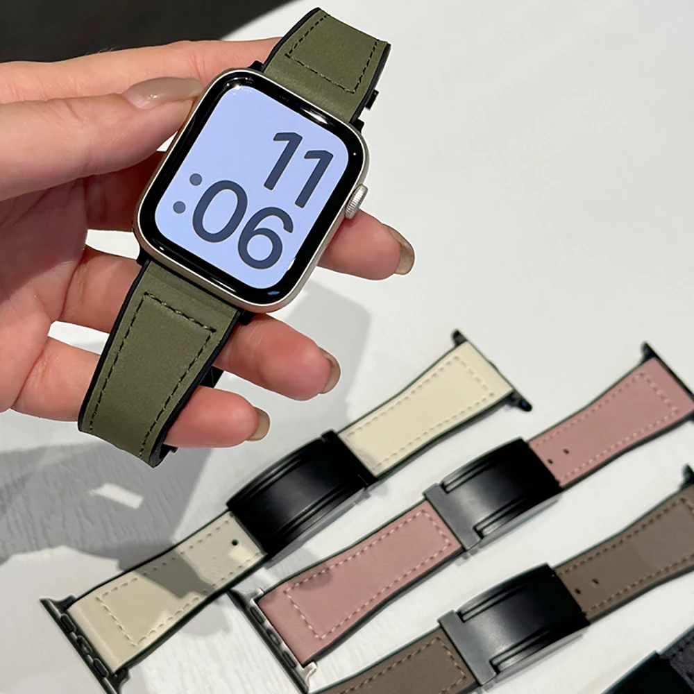 Magnetic strap for Apple watch ultra 2 band 49mm 44mm 40mm 45mm 41mm 38mm Leather+silicone bracelet iWatch series 9 8 7 6 5 4 se