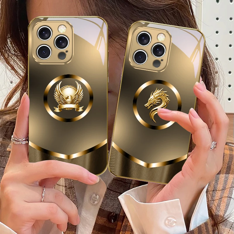 Circular golden eagle For IPhone 17Pro Max 16 17 Pro 15 P ro 14 13 Plus 12 Mini 11Pro Max XR 16E 17 Air Golden glass phone case