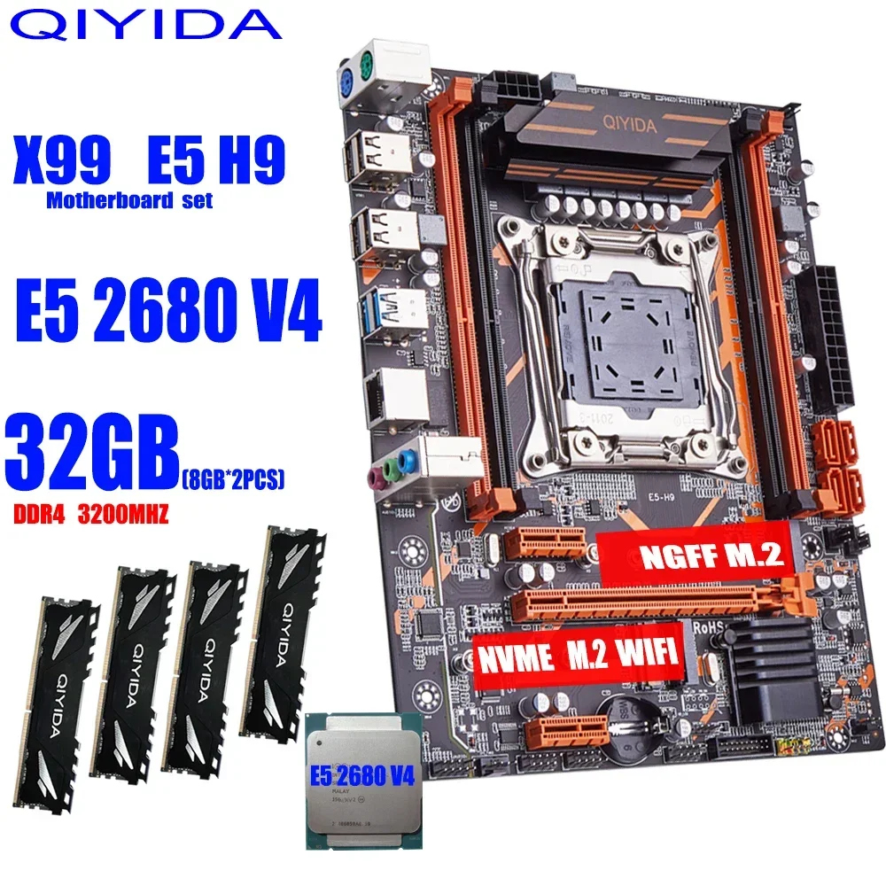 QIYIDA X99 motherboard set LGA2011 3 Xeon E5 2680 V4 kit 4*8G=32GB 3200MHz DDR4 4 channels SATA 3.0 nvme M.2 M-ATX