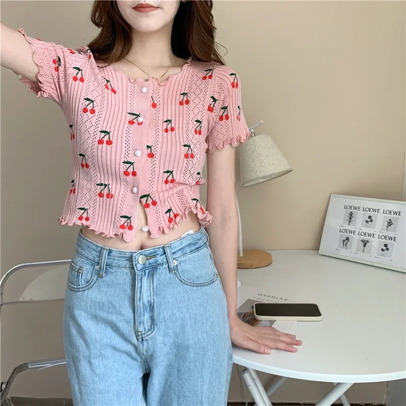 

Y2k Summer V Neck Womens Tops Chic Cherry Single Breasted Shirt Slim Ruffles High Street Knitted Short Sleeve T-Shirts