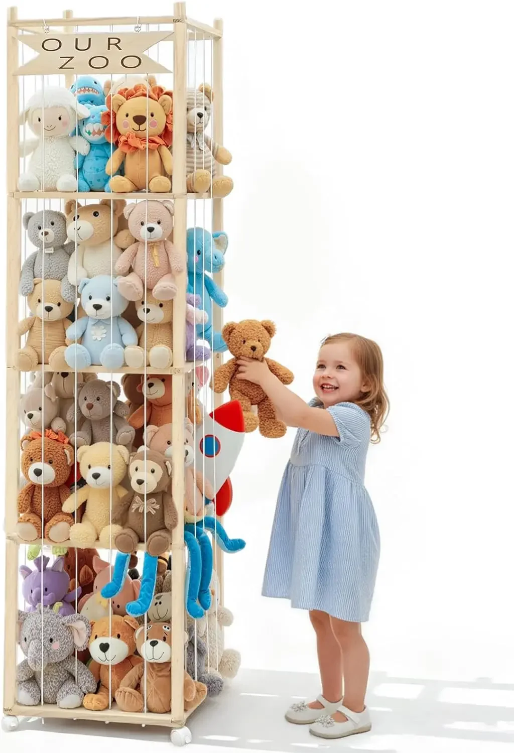 

Large Wooden Stuffed Animal Storage with Wheels, 68.5 Inch 4-Tier Toy Organizer for Kids Rooms