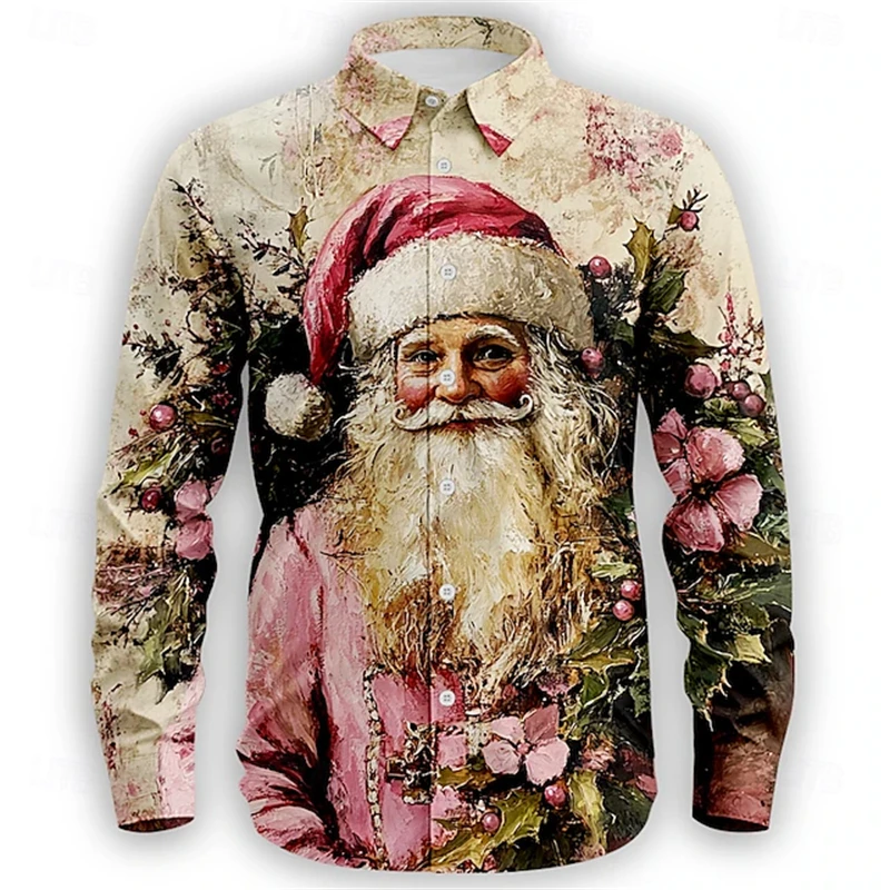 

2026 Christmas Theme 3D Printed Men's Long Sleeve Shirt New Year Streetwear Fashion Santa Claus Shirt Lapel Party Costume 5XL