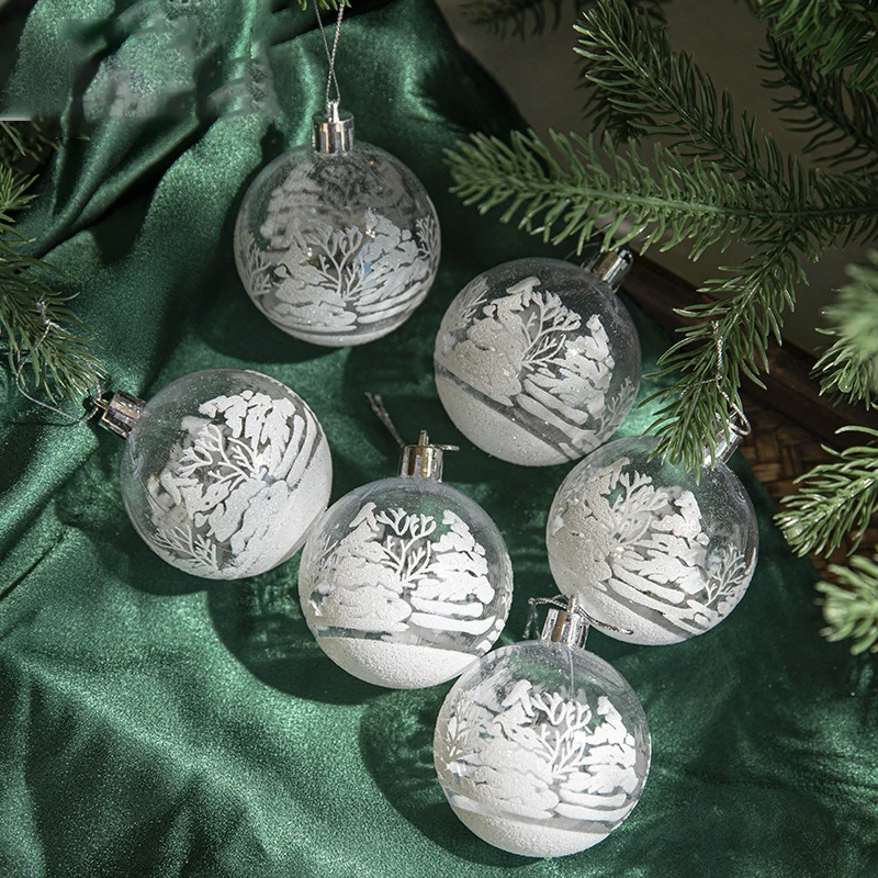 6Pcs Transparent Painting Plastic Christmas Ball Ornament Set White Snow Ball Xmas Tree Hanging Decoration for Home Navidad Gift