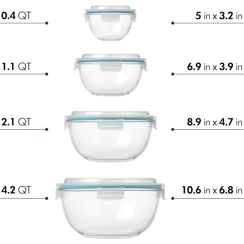 Mixing Bowl with Latching Lids 8-Pieces Set – Airtight, Leakproof, BPA Free Lids, Nesting, Meal Prep, Baking, Salad,Food Storage