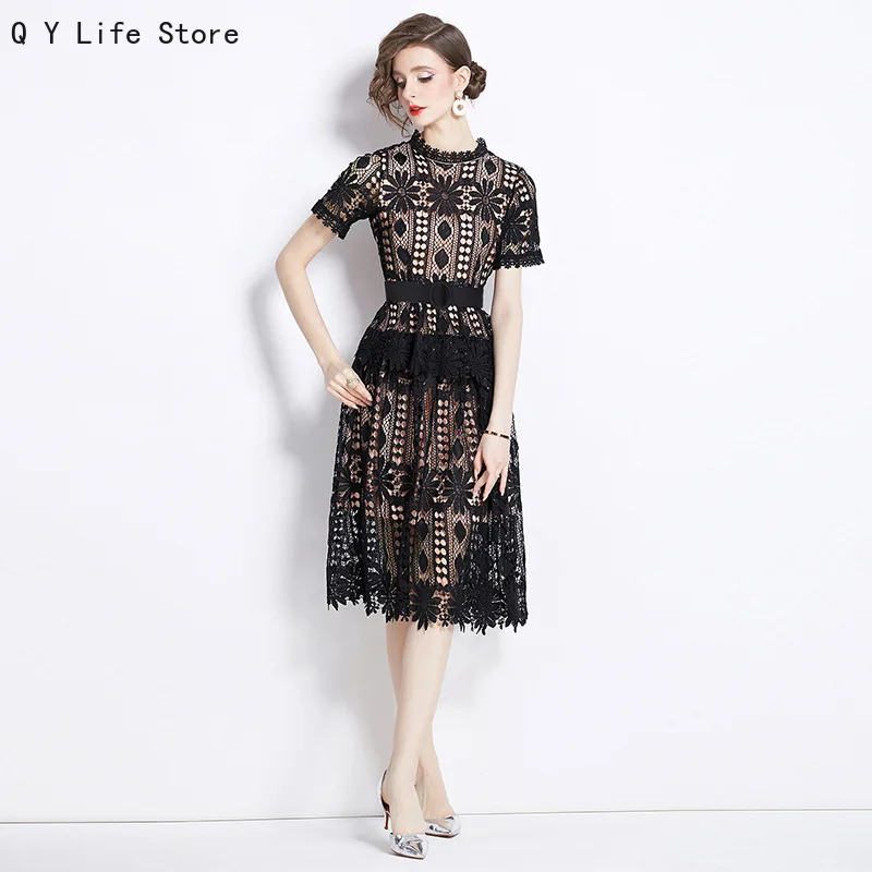 Elegant Long Skirt Retro Palace Temperament Short-sleeved Round Neck Waist Slim A Crocheted Lace Dress