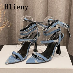 Hlieny Sexy Pointed Toe Women Lace-up Sandals Fashion Denim Ankle Strap Summer Gladiator Party Stripper Thin High Heels Shoes