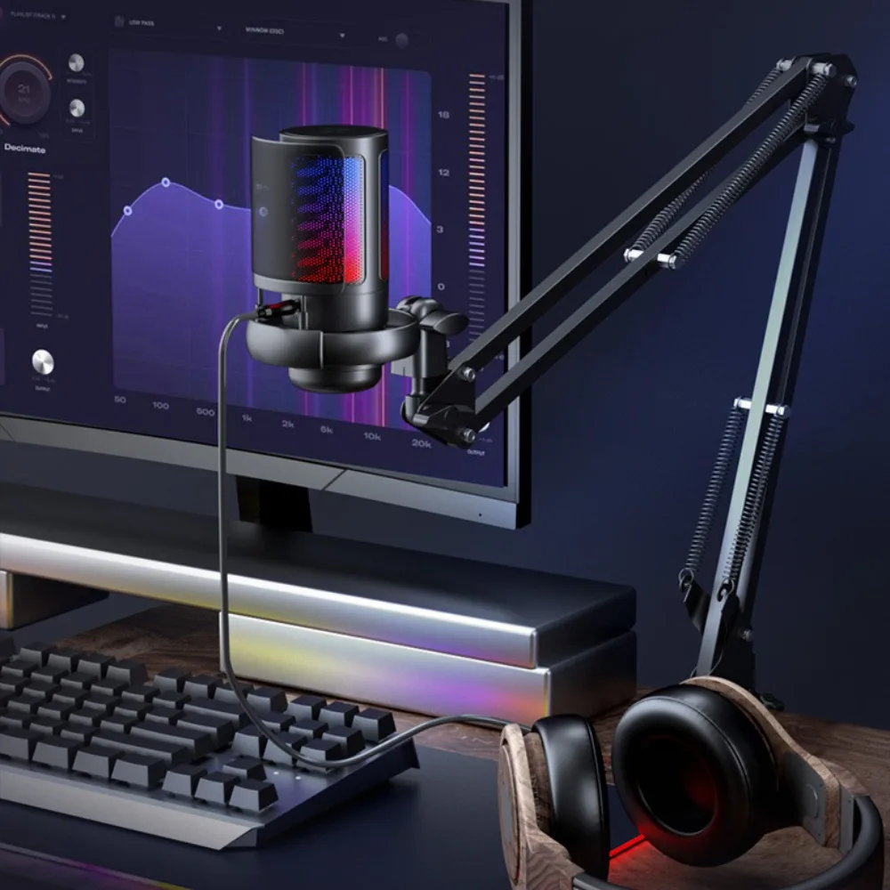 

Condenser USB Microphone with Arm Stand RGB Light Articulated Suspension Stand USB Microphone Metal Noise Reduction