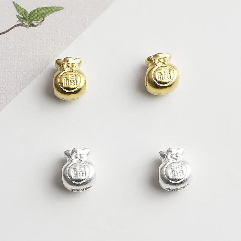 999 Sterling Silver Fortune Money Bag Spacer Beads Chinese Fu Character Large Hole Loose Beads for DIY Bracelet Necklace Jewelry