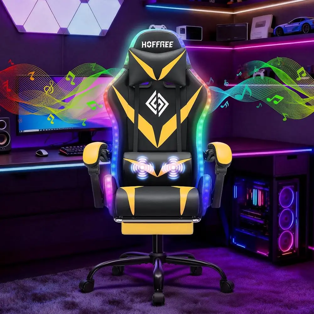 LED Gaming Chair with Speakers RGB Lights Massage Computer Chairs-Yellow | Bluetooth Game Chairs or Adults;Ergonomic High Back V