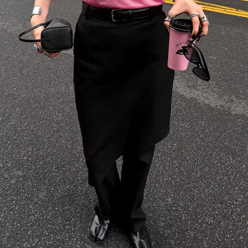 2025 خريف/شتاء جديد تنورة غير متناظرة المرقعة فو قطعتين عالية الخصر مستقيم الساق فستان كاجوال بسيط السراويل