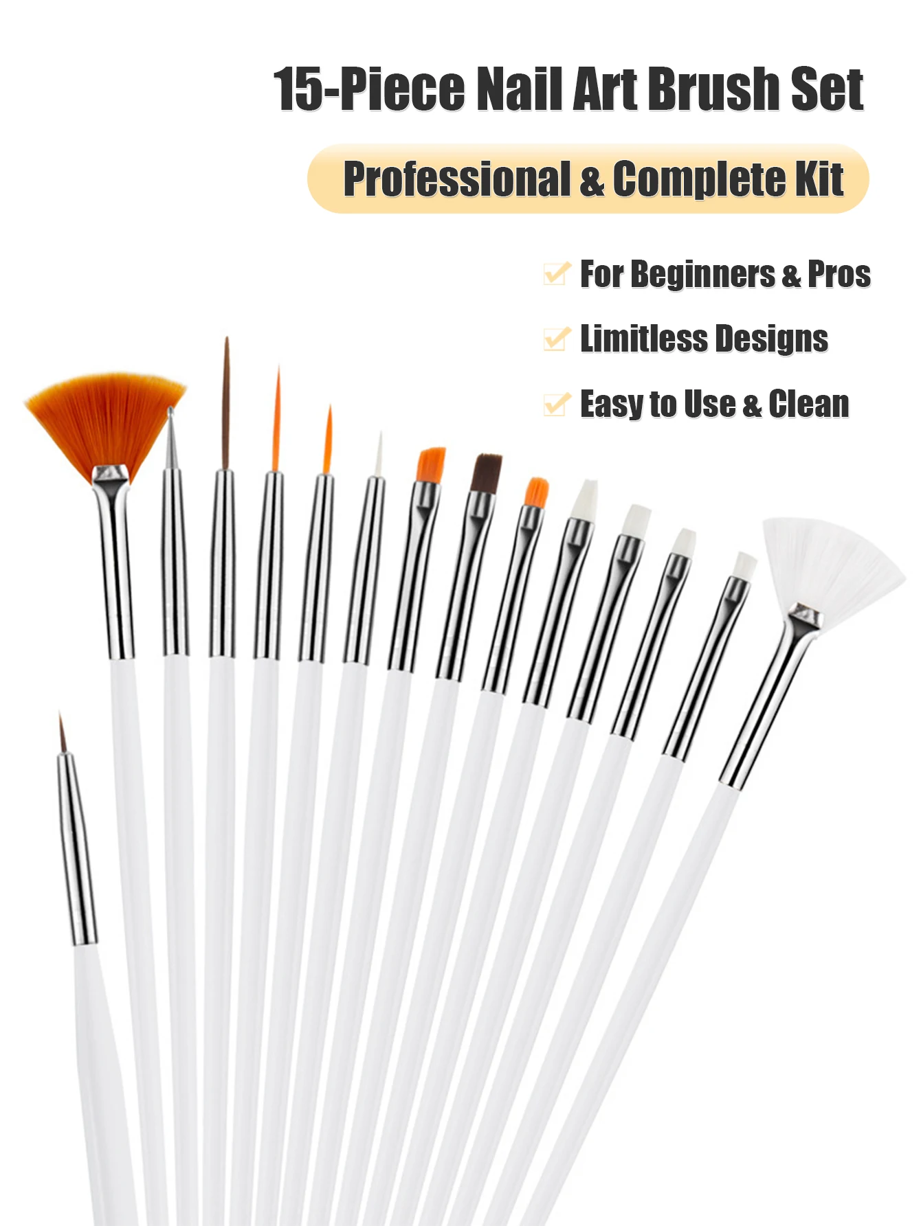 15-teiliges Nail-Art-Pinsel-Set für Anfänger, professionelle Maniküre-Werkzeuge mit Etui, Strichzeichnung, Blumenmalerei, DIY-Design