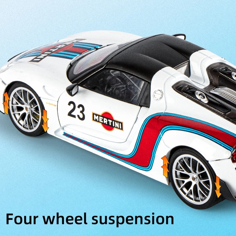 1:18 Scale Car Model Porsche Martini 918 Spyder Alloy Miniature Diecast Metal Sound＆Light Collection Children Toy Vehcile Gift ﻿