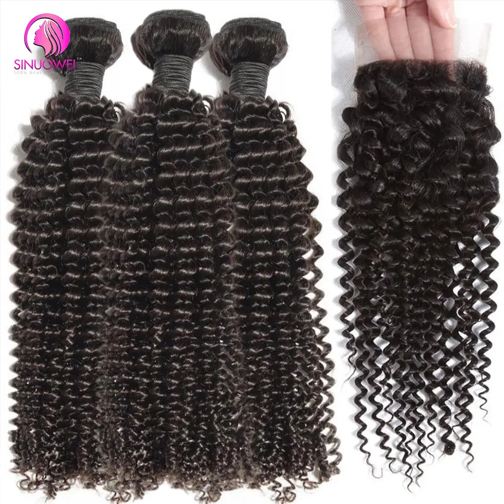 Kinky Curly Bundels Met Sluiting 3/4 Bundels 13X4 Kant Remy Haar Voor Zwarte Vrouwen 4X4 Kanten Sluiting En Weave Extension Human Hair