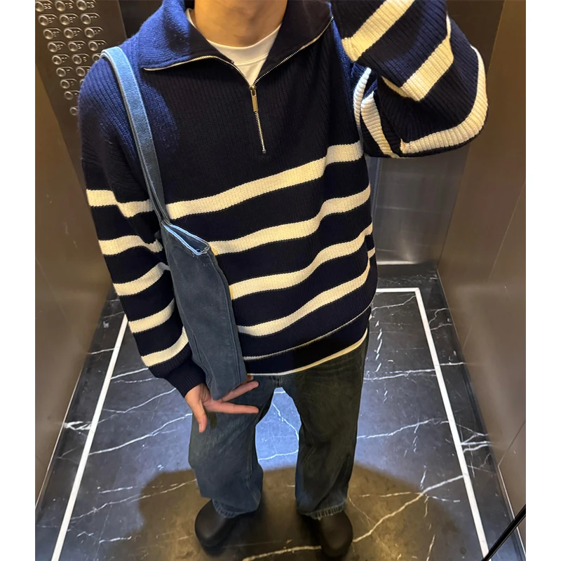 

Loose Fit Men's Knitted Sweater High Collar f Zip Autumn Winter Striped Outerwear Casual Polyester Fiber Long Sve