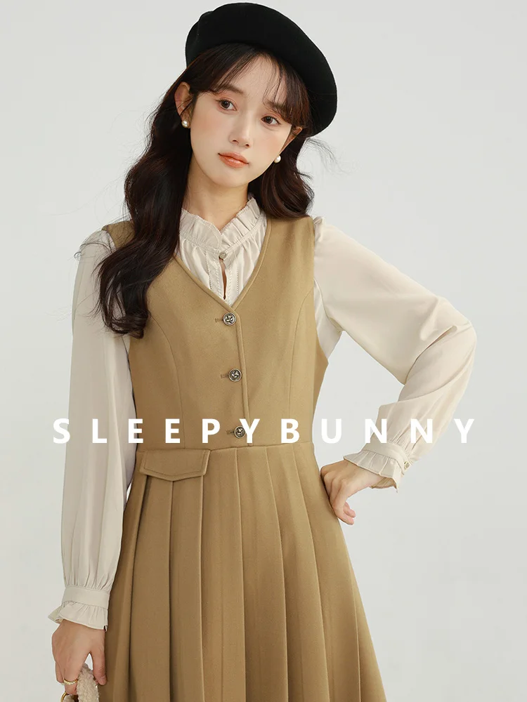

Winter Pleated Dress with Ruffle Shirt Set High Waist Slim Fit Outfit Women Vintage College Style Two Piece Elegant Long Dress