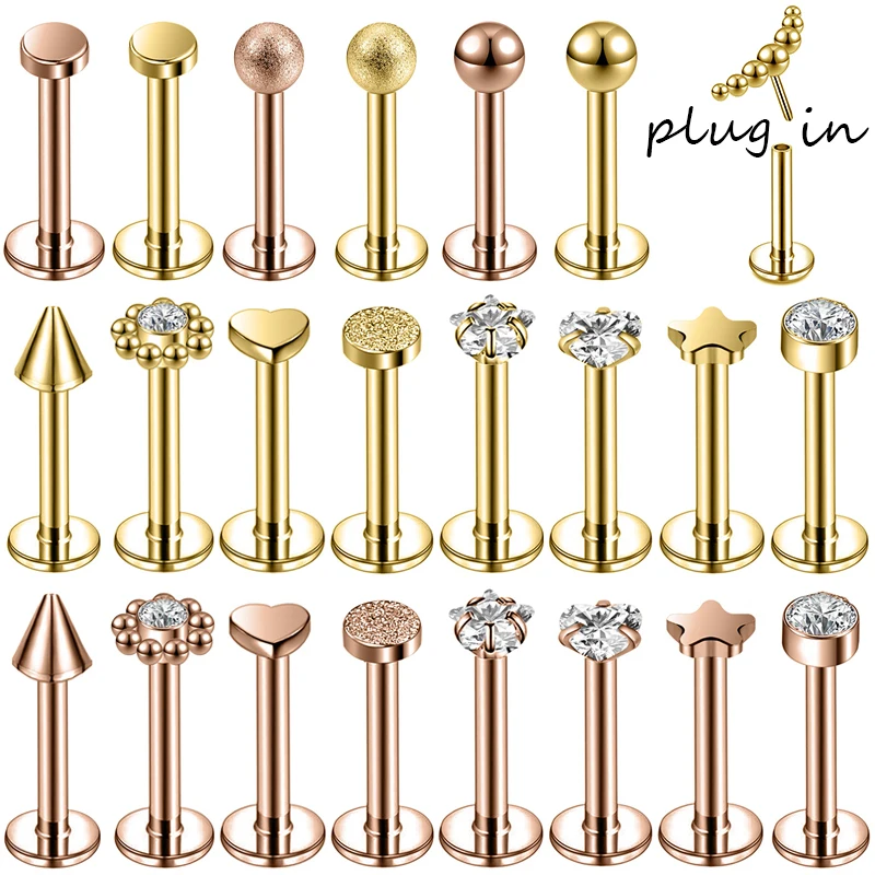 ZS 1PC 16G Rose Gold Plated Helix Piercing Earring Zircon Lip Stud Star Moon Labret Piercing Jewelry Crystal Lip Body Jewelry