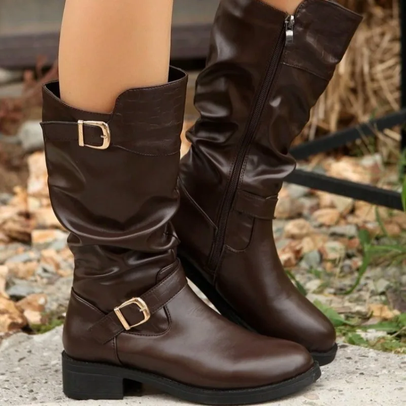 Belt Buckle Mid-Tube Boots Autumn New Round Toe Side Zipper Soft Sole Anti-Slip Wear-Resistant Single Boots