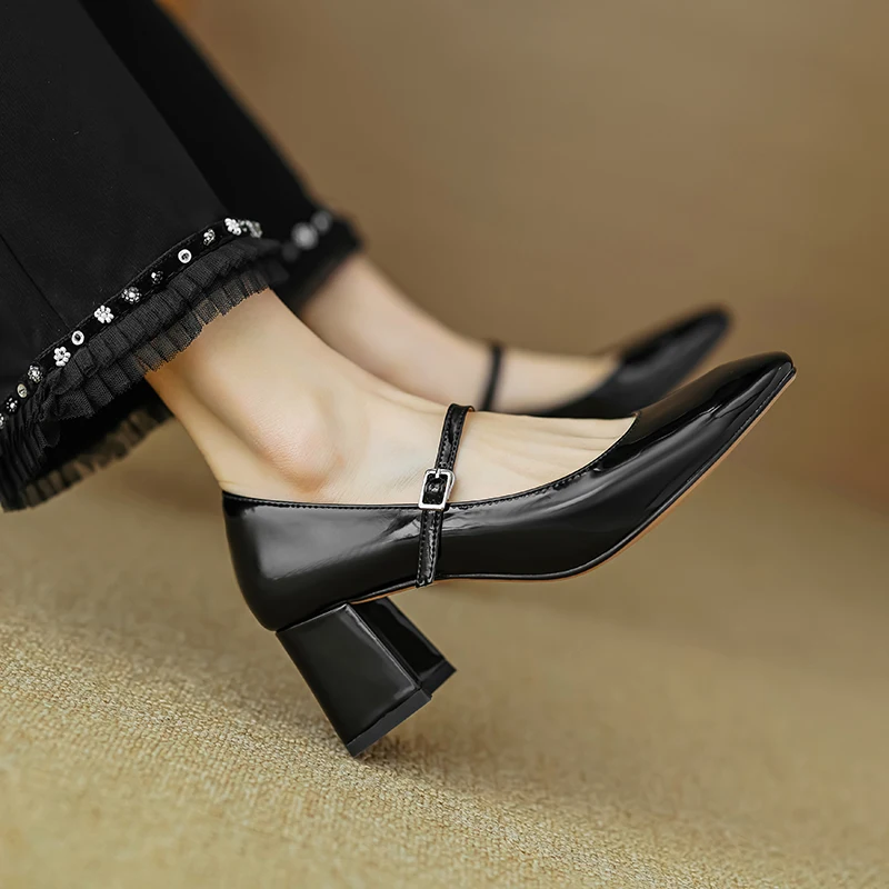 Simple Shoes On Heel 5CM Korea Style Patent Leather Silver PumpsThick Heels Spring Autumn Buckle Pumps Womens 2024 Shoes